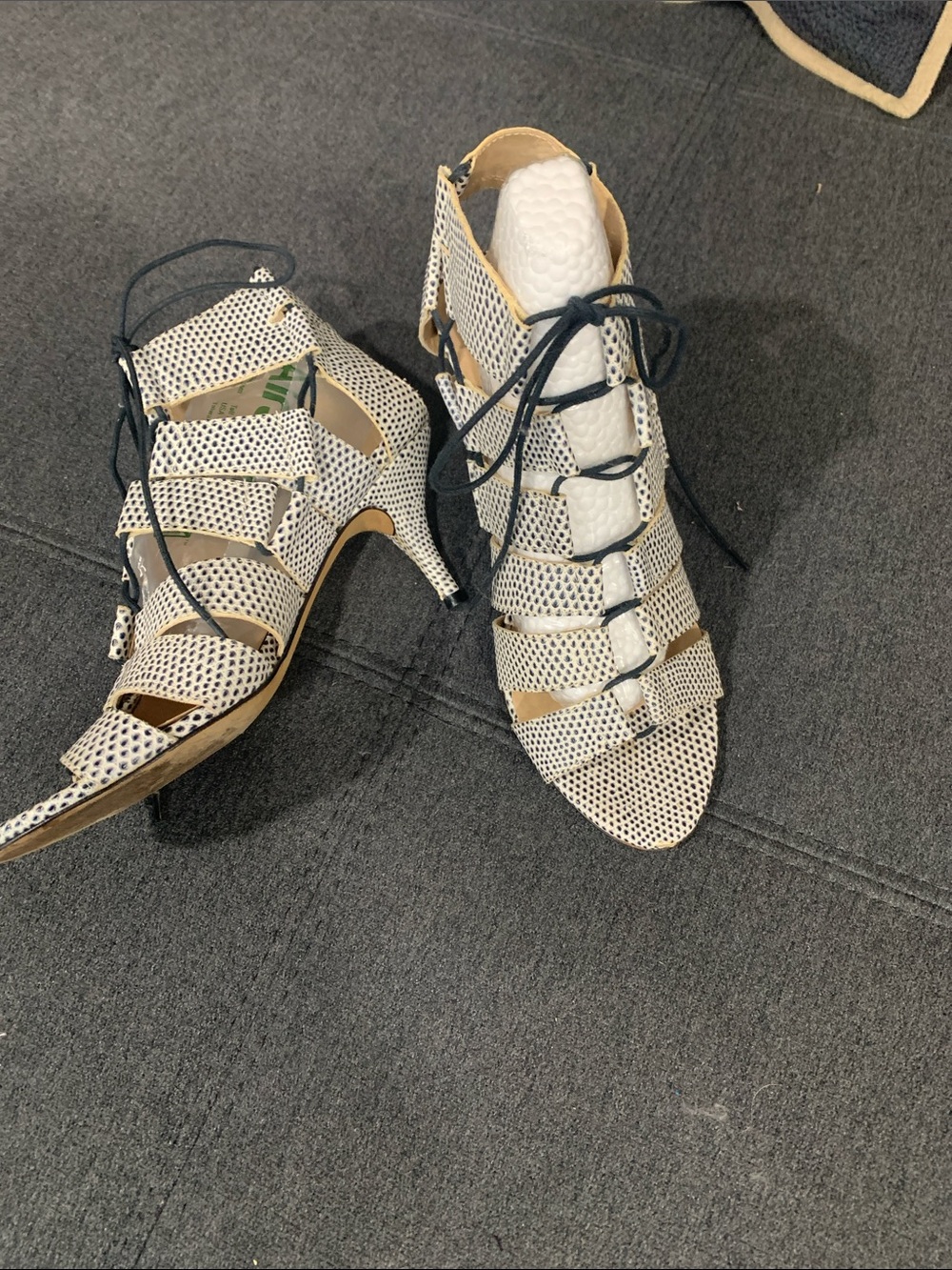 Lace-Up Perforated White and Black Heeled Sandals